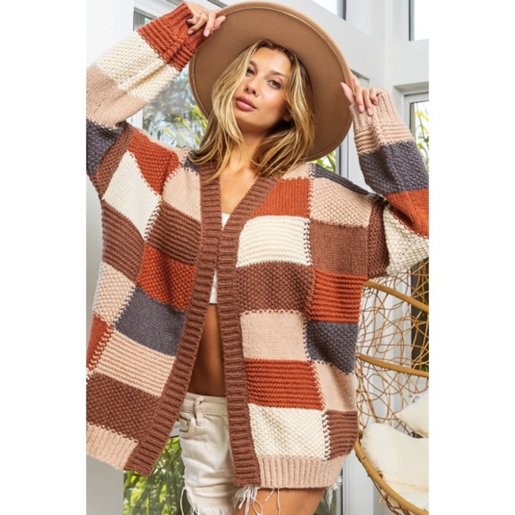 NEW FALL 24 Mocha Brown Combo Checker Block Knit Cardigan Sweater - Picture 1 of 1